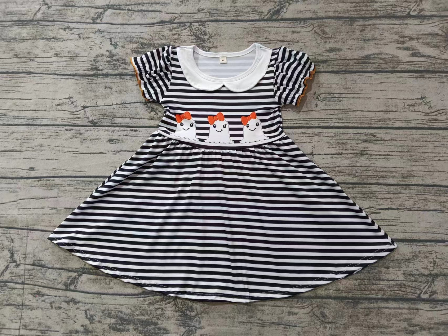 Custom moq 3 eta 6-7weeks Cute little ghost bow pattern black and white striped doll collar short-sleeved dress