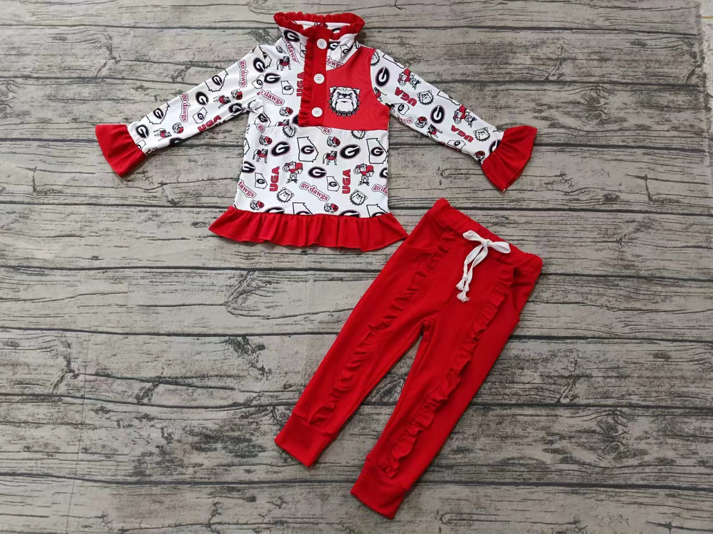 Custom moq 3 eta 6-7weeks Letter G Red Button Pullover Trumpet Sleeve Long Sleeve Suit