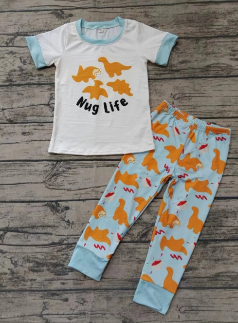 Custom moq 3 eta 6-7weeks Orange and Yellow Dinosaur Pattern White Short-sleeved Top - Sky Blue Pants Set