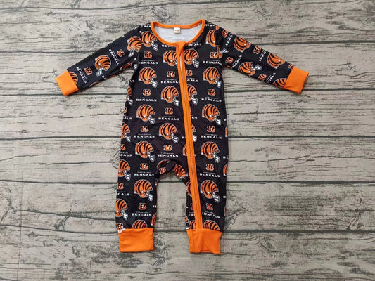 Custom moq 3 eta 6-7weeks Orange and black striped helmet long zip-up jumpsuit