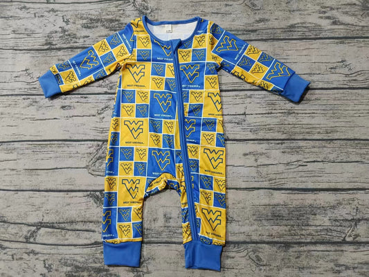 Custom moq 3 eta 6-7weeks Yellow & Blue Letter V Plaid Long Zipper Romper