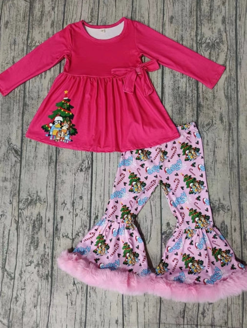 Custom moq 3 eta 6-7weeks Rose Pink Bow Christmas Puppy Long Sleeve Top & Pink Furry Edge Flared Pants Set