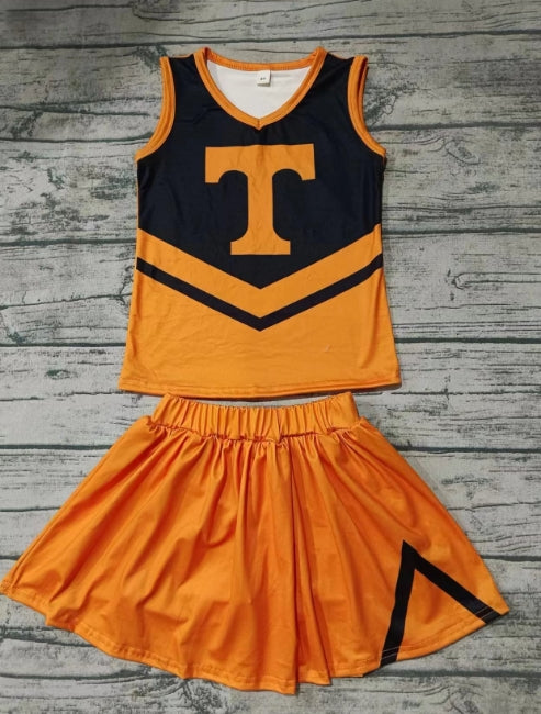 Custom moq 3 eta 6-7weeks Letter T orange and black sleeveless top and pants skirt set