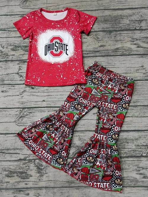 Custom moq 3 eta 6-7weeks Red "O" Short Sleeve Flared Pants Suit