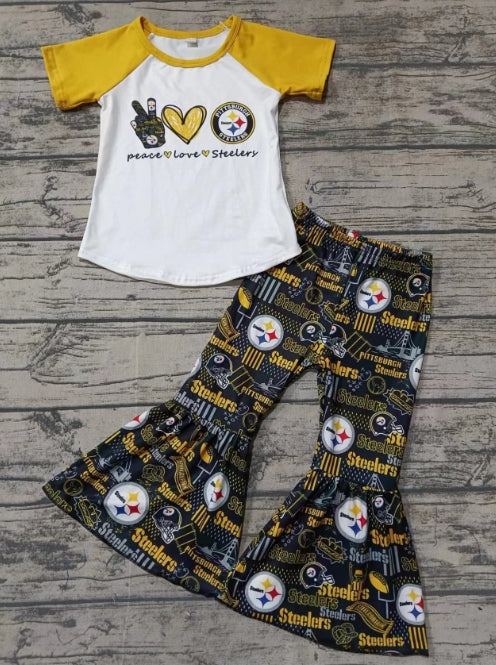 Custom moq 3 eta 6-7weeks Victory Sign-Heart Yellow Short Sleeve Flared Pants Suit