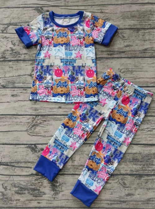 Custom moq 3 eta 6-7weeks Blue and Pink Puppy-Bow Short Sleeve Pants Suit