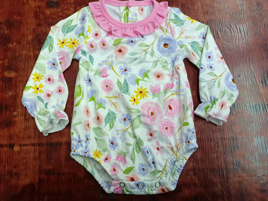 Custom moq 3 eta 6-7weeks Pink and purple flower and leaf pleated neckline long-sleeved shorts jumpsuit