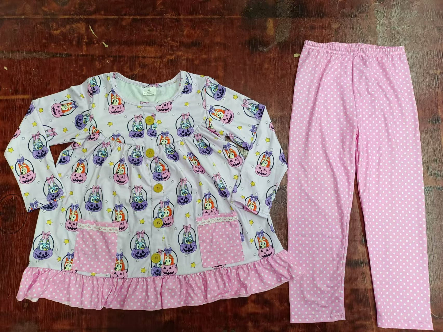 Custom moq 3 eta 6-7weeks Pink & Purple Pumpkin Puppy Lantern Pattern Light Purple Long Sleeve Top & Pink Polka Dot Pants Set