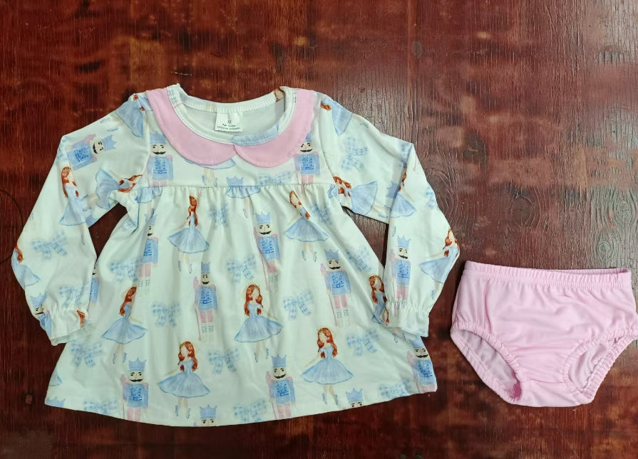 Custom moq 3 eta 6-7weeks Blue Dancing Girl-Guardian-Bow Knot Baby Collar Long Sleeve Top-Pink Thong Set