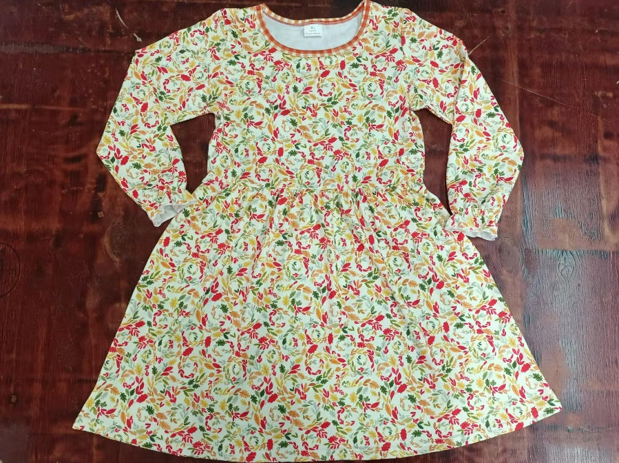 Custom moq 3 eta 6-7weeks Red-yellow-green leaf print long-sleeved dress
