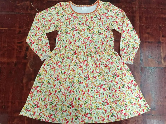 Custom moq 3 eta 6-7weeks Red-yellow-green leaf print long-sleeved dress
