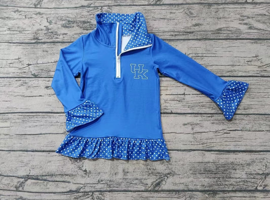 Custom moq 3 eta 6-7weeks White polka dot pleated cuffs blue zipper pullover long sleeve top