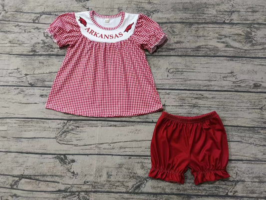 Custom moq 3 eta 6-7weeks Red Plaid Puff Short Sleeve Top & Bloomer Shorts Set
