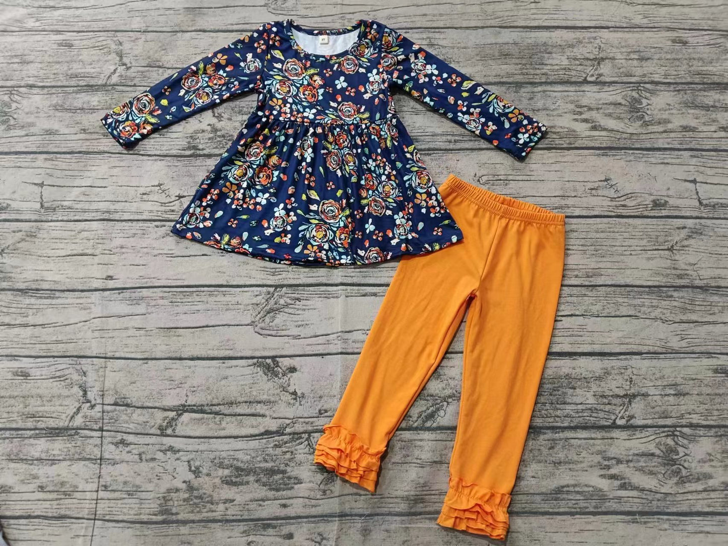 Custom moq 3 eta 6-7weeks Orange Flower Dark Blue Long Sleeve Top & Orange Pants Set