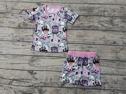 Custom moq 3 eta 6-7weeks Pink and purple Halloween head-ghost short-sleeved shorts suit