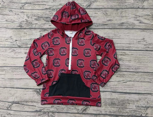 Custom moq 3 eta 6-7weeks Burgundy Letter C-Crayfish Zipper Hooded Pullover Long Sleeve Top
