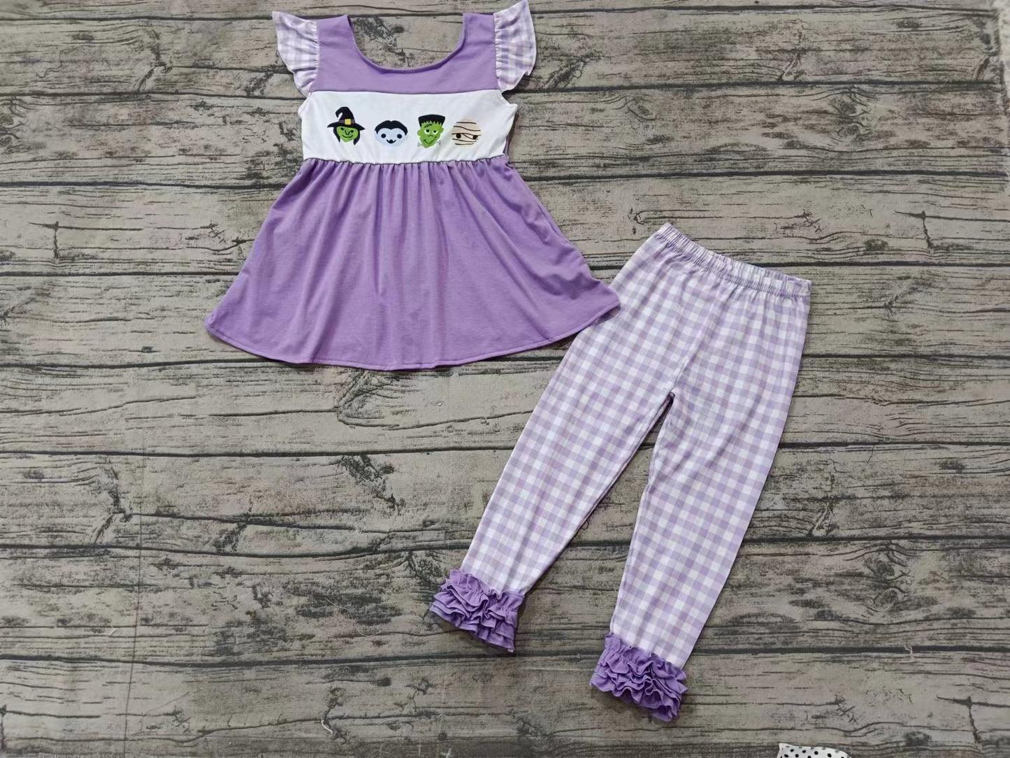 Custom moq 3 eta 6-7weeks Purple Monster Flying Sleeve Top - Plaid Long Suit