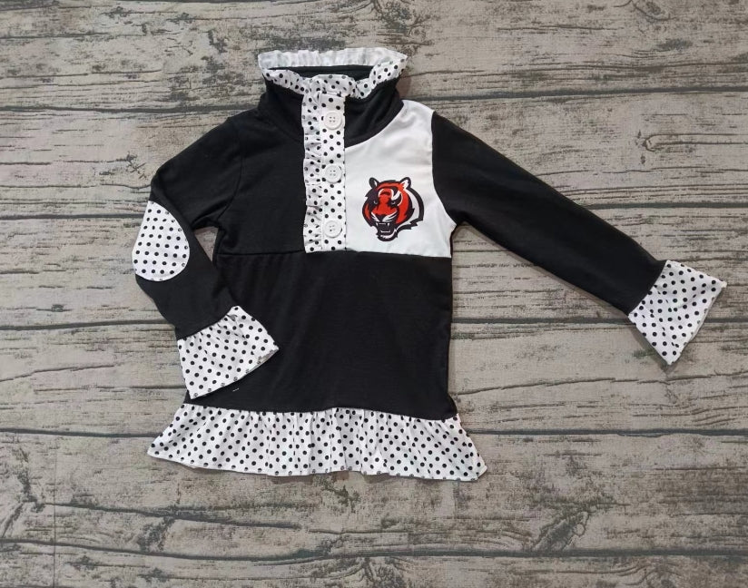 Custom moq 3 eta 6-7weeks Tiger head black and white pleated polka dot black button pullover long sleeve top