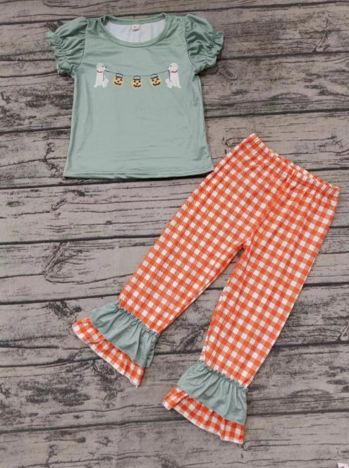 Custom moq 3 eta 6-7weeks Puppy-Pumpkin Green Puff Short Sleeve Top & Orange Plaid Pants Set