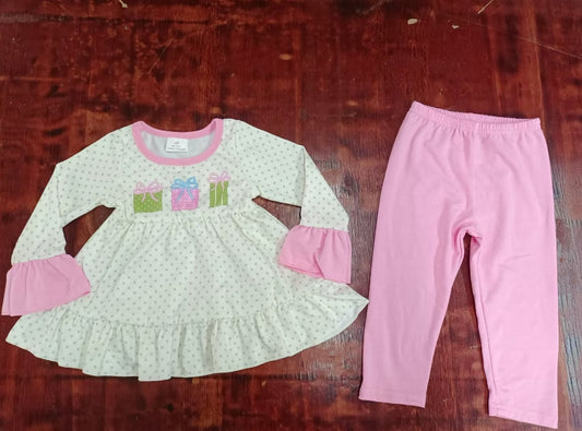 Custom moq 3 eta 6-7weeks Embroidered Gift Box-Gray Polka Dot Pink Long Sleeve Suit