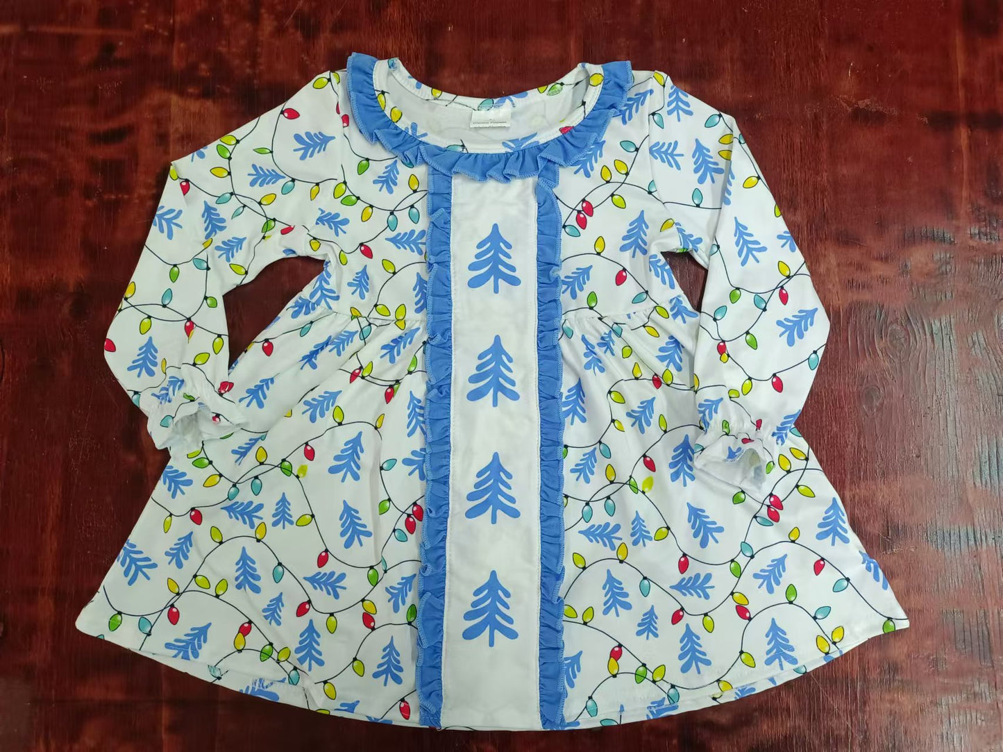 Custom moq 3 eta 6-7weeks Blue Leaves-Lamplight Ruffle Neck Long Sleeve Dress