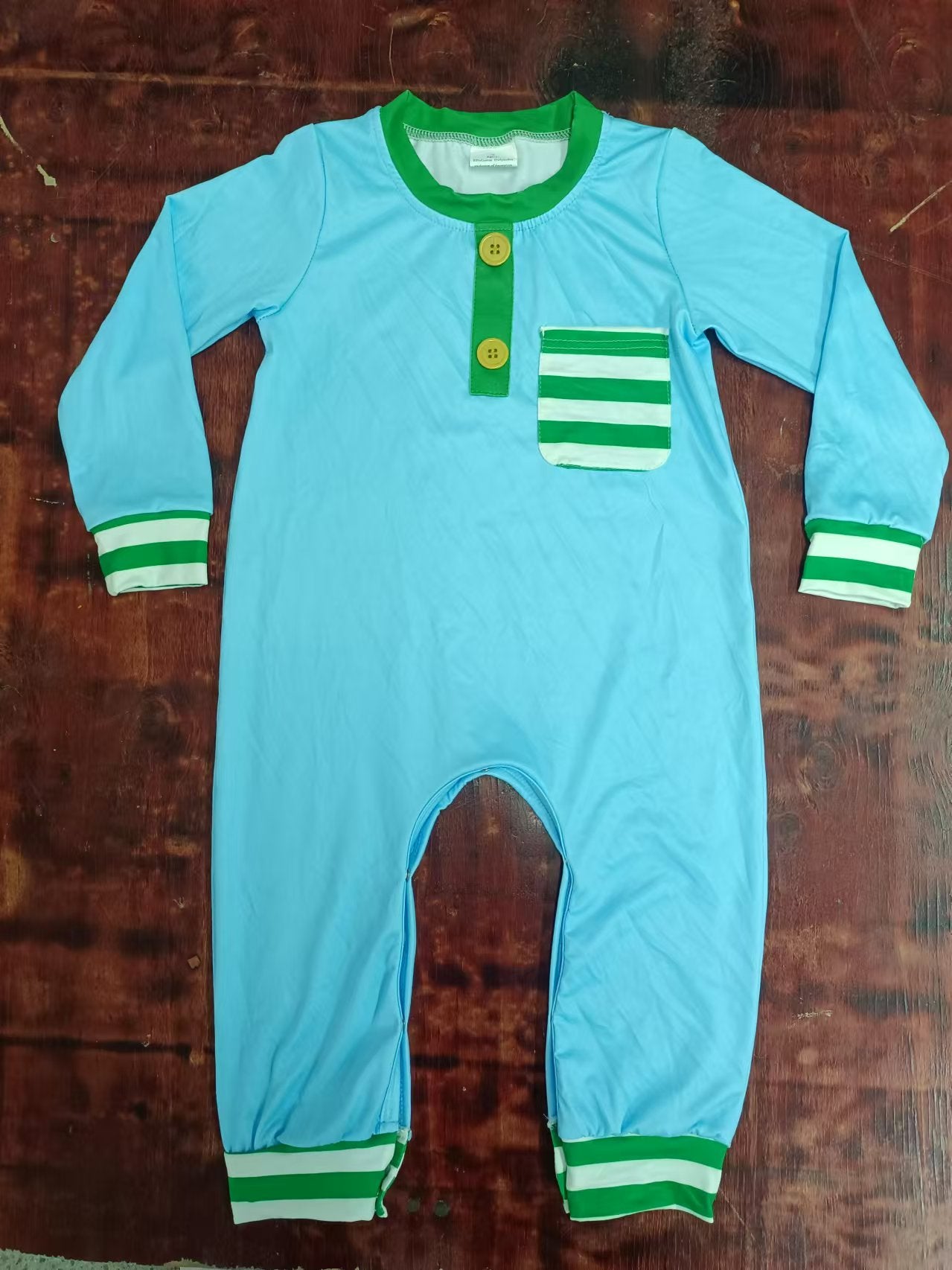 Custom moq 3 eta 6-7weeks Green Stripe Pocket-Cuffs Sky Blue Long Button Romper