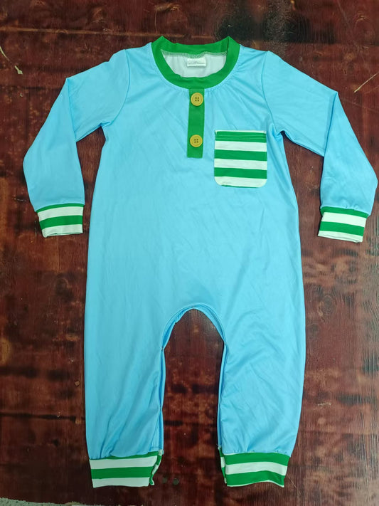 Custom moq 3 eta 6-7weeks Green Stripe Pocket-Cuffs Sky Blue Long Button Romper