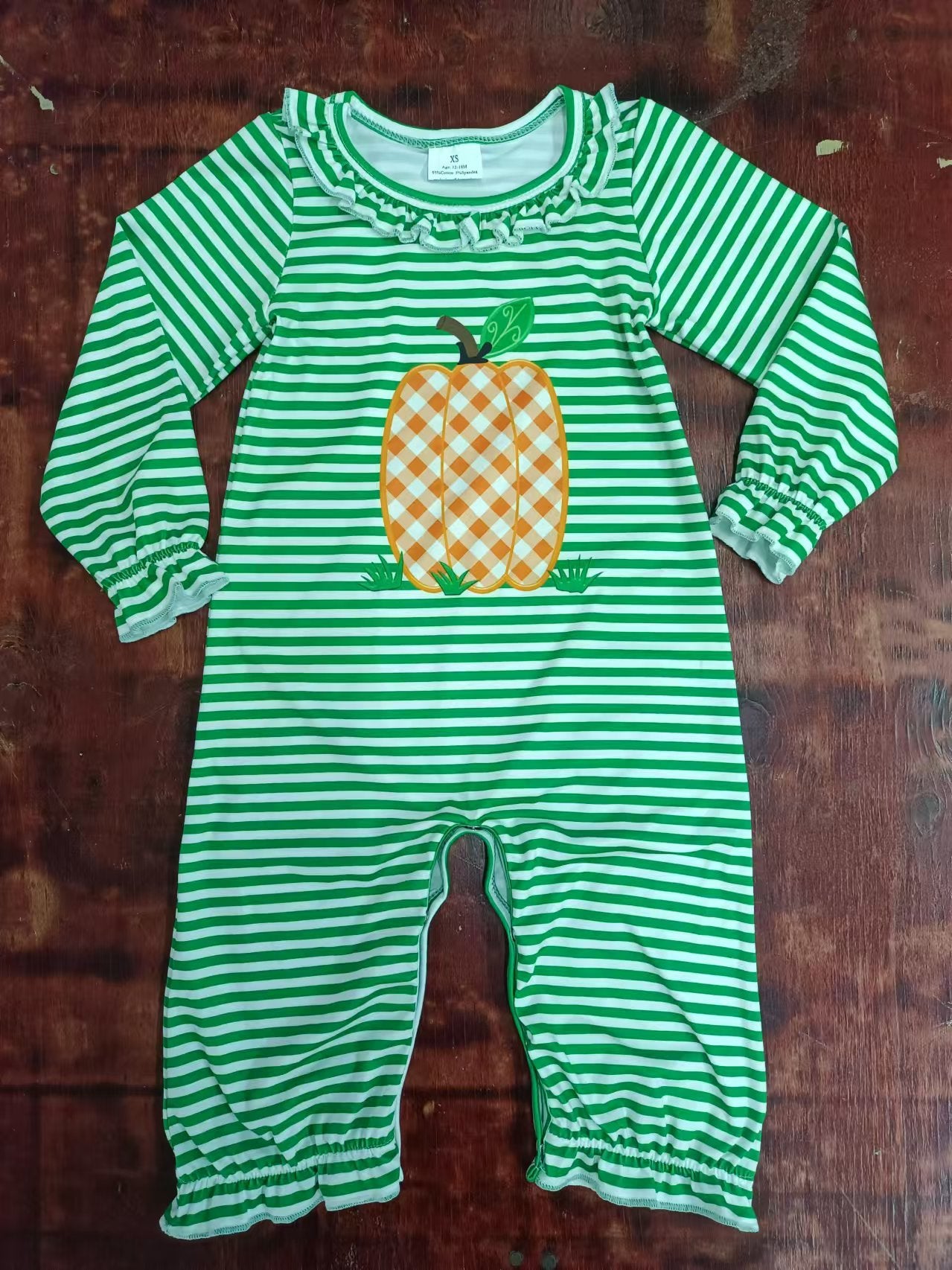 Custom moq 3 eta 6-7weeks Orange embroidered pumpkin pattern green stripes pleated neckline-cuffs long romper
