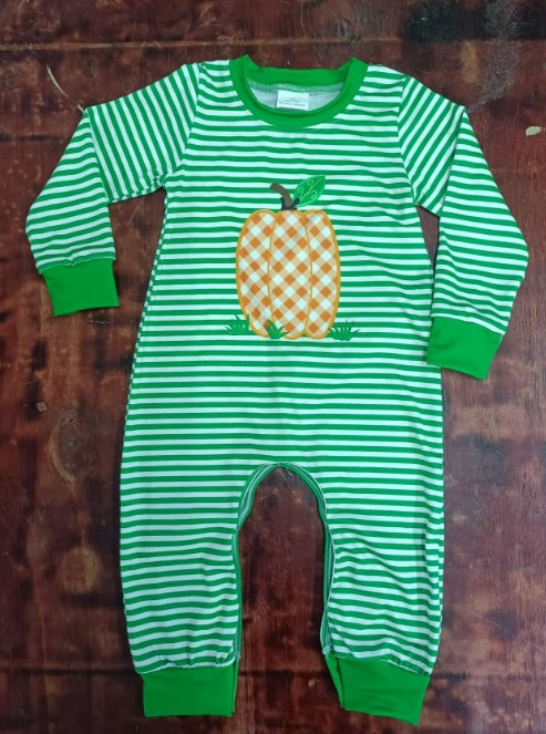 Custom moq 3 eta 6-7weeks Orange embroidered pumpkin pattern green striped long romper