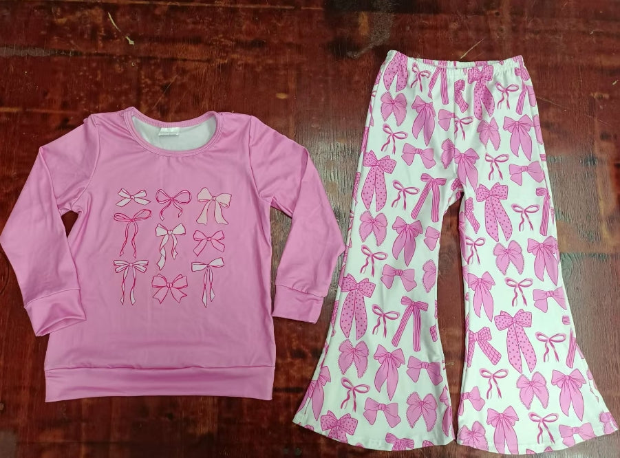 Custom moq 3 eta 6-7weeks Pink Bow Long Sleeve Flared Pants Suit