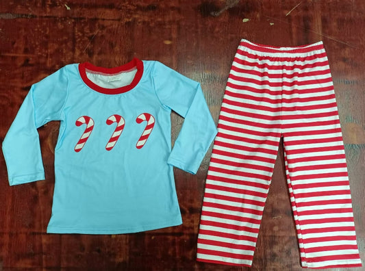 Custom moq 3 eta 6-7weeks Red Striped Cane Sky Blue Long Sleeve Top & Red Striped Pants Set
