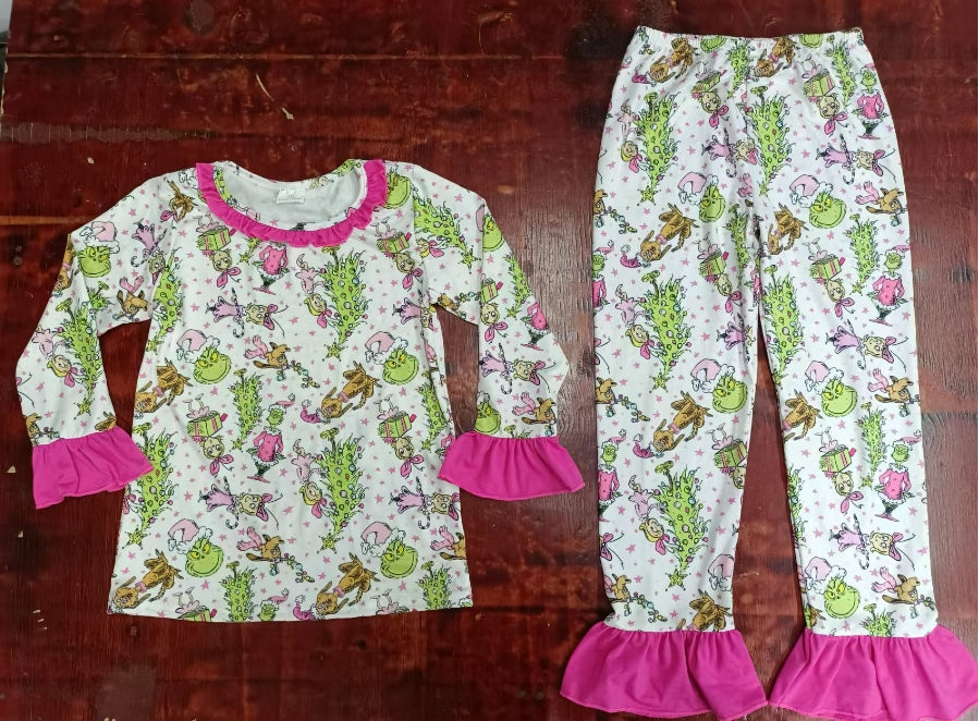 Custom moq 3 eta 6-7weeks Green Christmas Tree-Green Monster Rose Pink Pleated Neckline-Cuffs Long Sleeve Suit