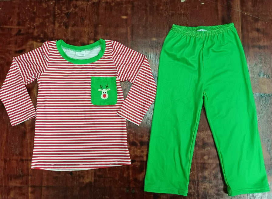 Custom moq 3 eta 6-7weeks Christmas Elk Red Striped Long Sleeve Top-Green Pants Set