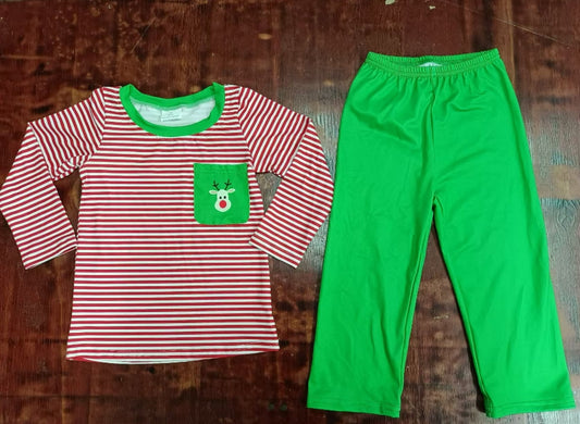 Custom moq 3 eta 6-7weeks Christmas Elk Red Striped Long Sleeve Top-Green Pants Set