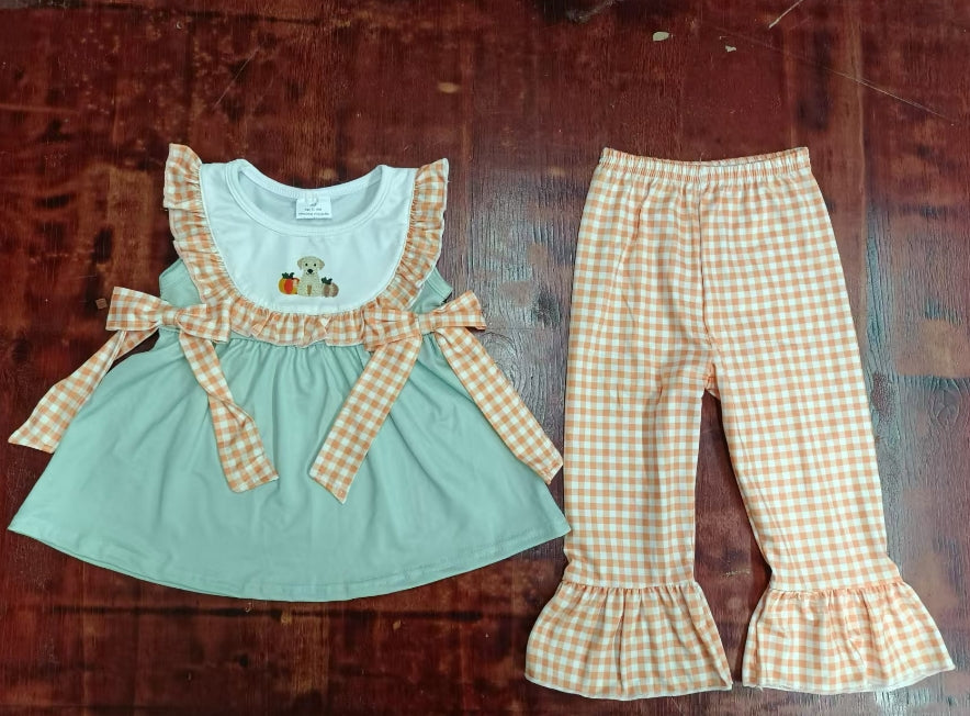 Custom moq 3 eta 6-7weeks Pumpkin Puppy Pattern Orange Bow Mint Green Sleeveless Top - Orange Plaid Pants Set