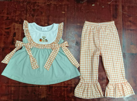 Custom moq 3 eta 6-7weeks Pumpkin Puppy Pattern Orange Bow Mint Green Sleeveless Top - Orange Plaid Pants Set