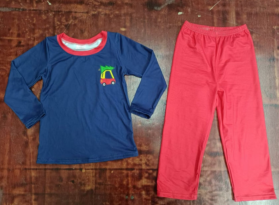 Custom moq 3 eta 6-7weeks Christmas Tree Luggage Cart Dark Blue Long Sleeve Top - Red Pants Set