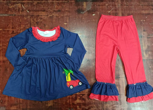 Custom moq 3 eta 6-7weeks Christmas Tree Luggage Cart Red Ruffled Neck Dark Blue Long Sleeve Top - Red Pants Set
