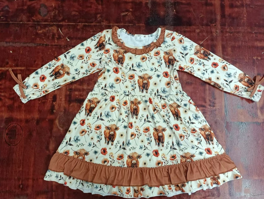 Custom moq 3 eta 6-7weeks Brown Yak-Flowers-Ruffled Neck Long Sleeve Dress