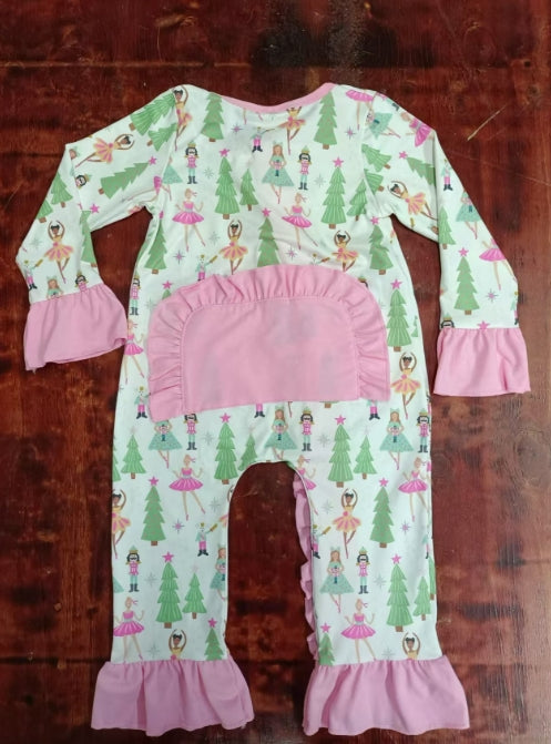 Custom moq 3 eta 6-7weeks Christmas Tree-Ballet Girls Pink Trumpet Sleeve Long Romper