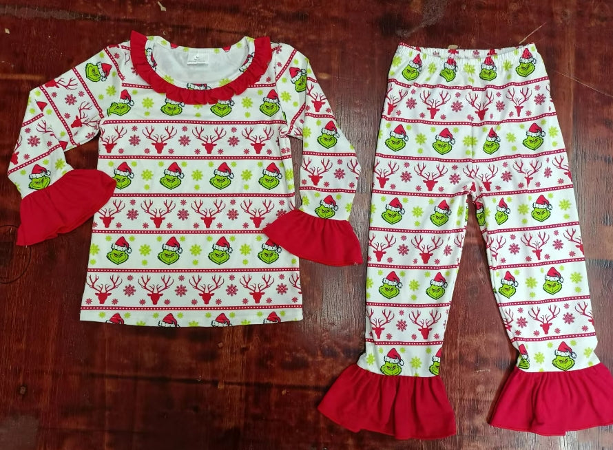 Custom moq 3 eta 6-7weeks Red Elk-Green Monster Polka Dot Striped Trumpet Sleeve Long Sleeve Pants Suit