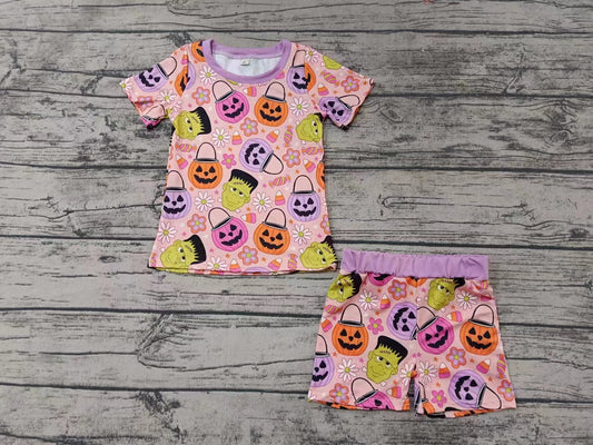 Custom moq 3 eta 6-7weeks Halloween Pumpkin Lantern-Small Pollen Purple Short Sleeve Shorts Set