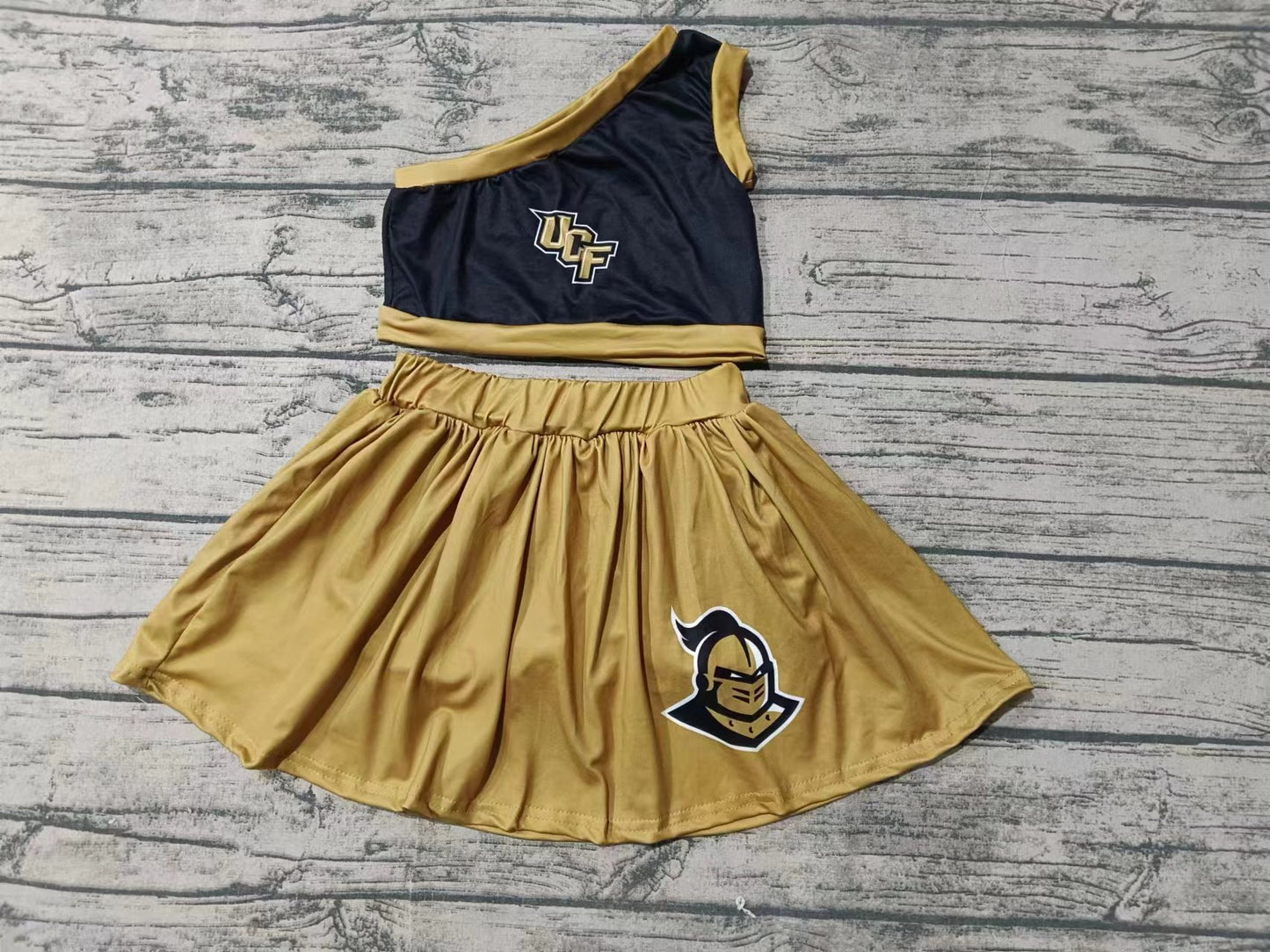 Custom moq 3 eta 6-7weeks Cheerleading Embroidered Letters Black One-shoulder Top-Brown Pants and Skirt Set