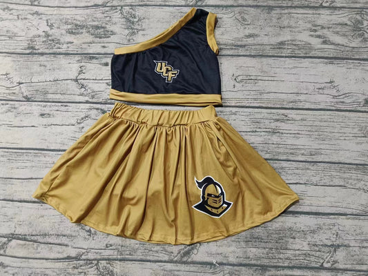 Custom moq 3 eta 6-7weeks Cheerleading Embroidered Letters Black One-shoulder Top-Brown Pants and Skirt Set