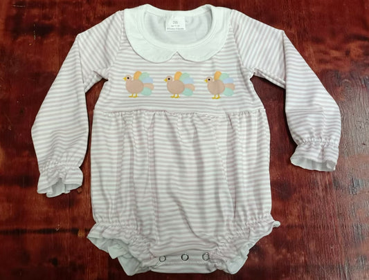 Custom moq 3 eta 6-7weeks Turkey print pattern light pink striped babydoll collar long sleeve short romper