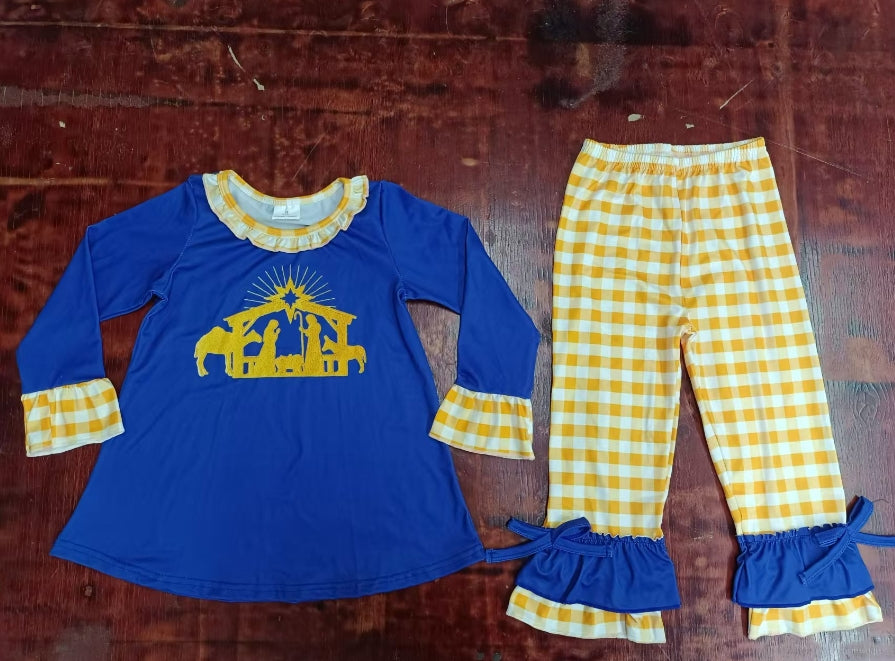 Custom moq 3 eta 6-7weeks Yellow Camel-Baby Nativity Blue Long Sleeve Top-Orange Plaid Pants Set