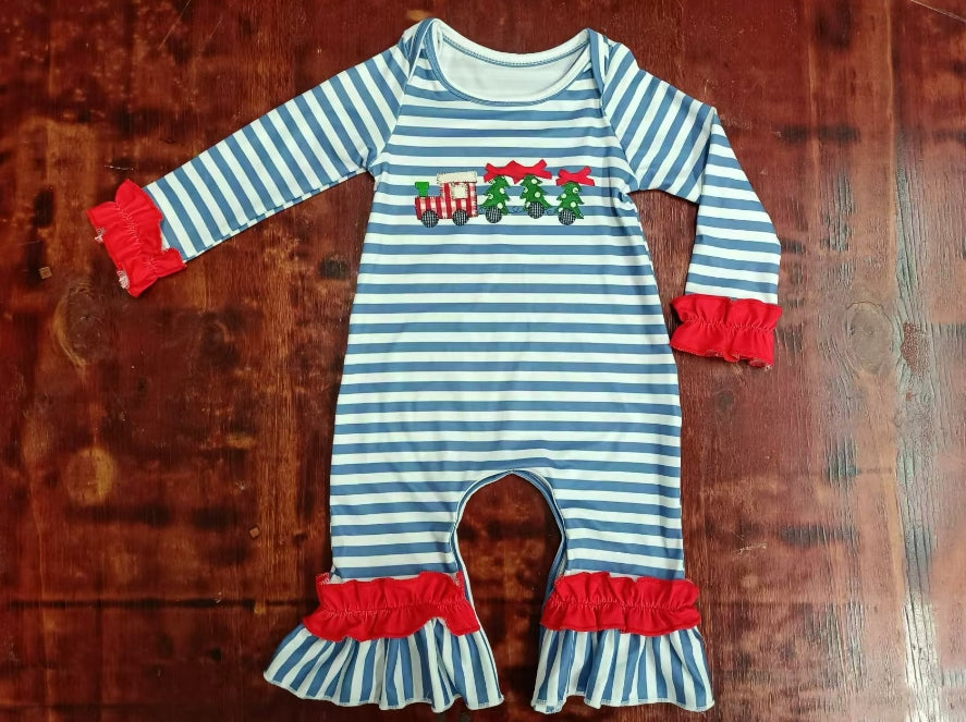 Custom moq 3 eta 6-7weeks Embroidered Truck Christmas Tree Blue Striped Long Sleeve Romper