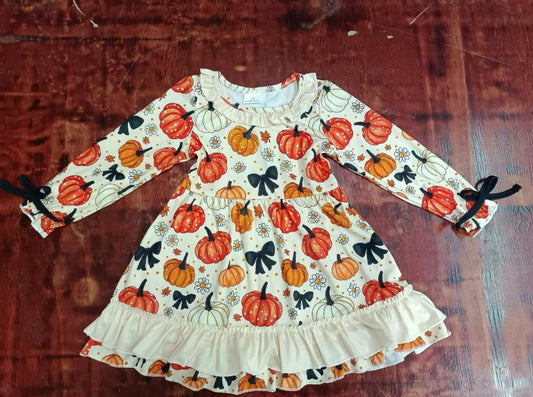Custom moq 3 eta 6-7weeks Orange Pumpkin Pattern Off-White Pleated Neck Long Sleeve Dress