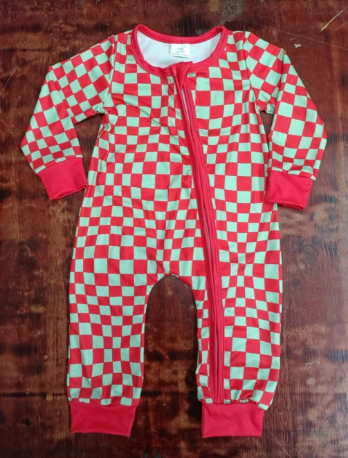Custom moq 3 eta 6-7weeks Silver & Red Plaid Long Zip-Up Romper