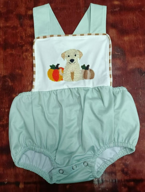 Custom moq 3 eta 6-7weeks Mint Green Sleeveless Cropped Romper with Embroidered Plush Pumpkin Puppy Pattern